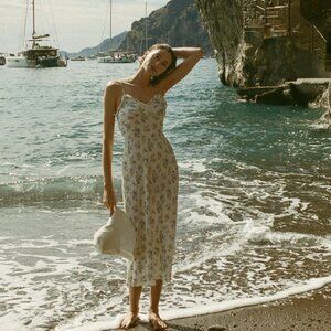 NWOT Doen Sandia Dress in Bleu Frolicking Floral White Blue Sleeveless Midi